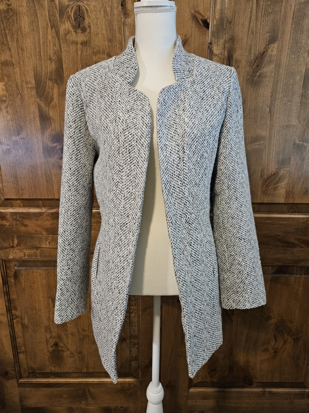 Women's Gray Open Front Herringbone Blazer